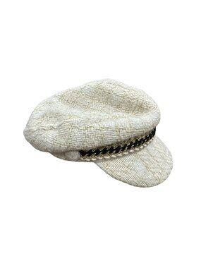 Kroché Paris Womens Ivory Tweed Baker Boy Cap With Black & Gold Chain Accent